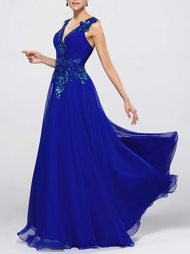 Royal Blue Evening Formal Dress 2023 V Neck Sleeveless Floor Length Chiffon Sequin Appliques Prom Party Gown Robe De Soriee