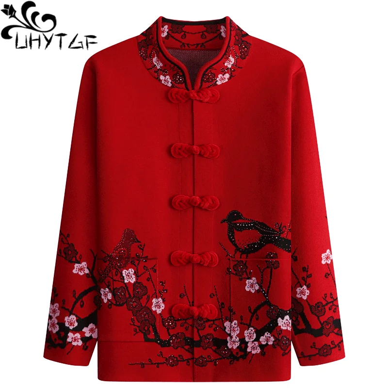 UHYTGF Middle-Aged Elderly Spring Autumn Sweater Jacket Women Embroidery Knitted Cardigan Female Coat 4XL Loose Size Sweater1750