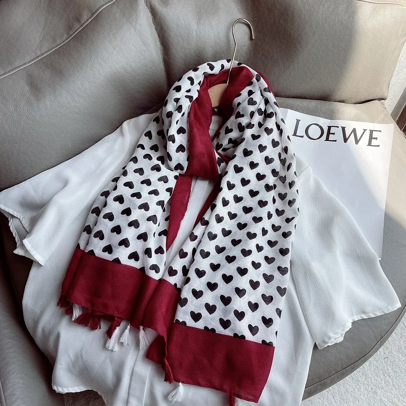 Fashion Autumn Women Viscose Scarf Loop Love Heart Maroon Tassel Shawls and Wraps Female Foulard Echarpe Muslim Hijab 180*90Cm