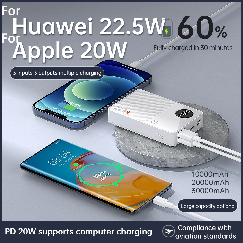 

PD20W Fast Charging Power Bank for Macbook Powerbank for Huawei iPhone Samsung 30000mAh 22.5W Quick Charge Mobile Phone Charger