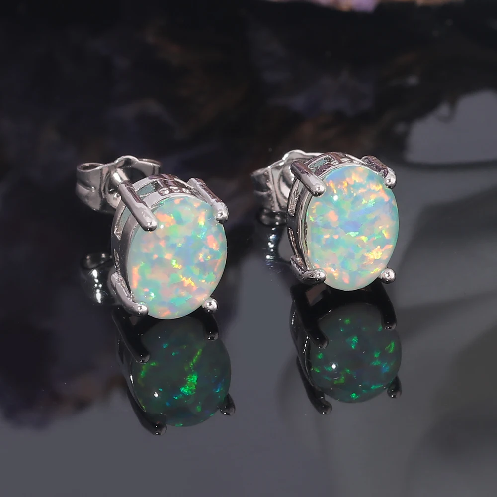 CiNily Green Fire Created Opal Stud Earrings Silver Plated Fashion Jewelry Wedding for Women Stud Earrings 9x7mm OH3844