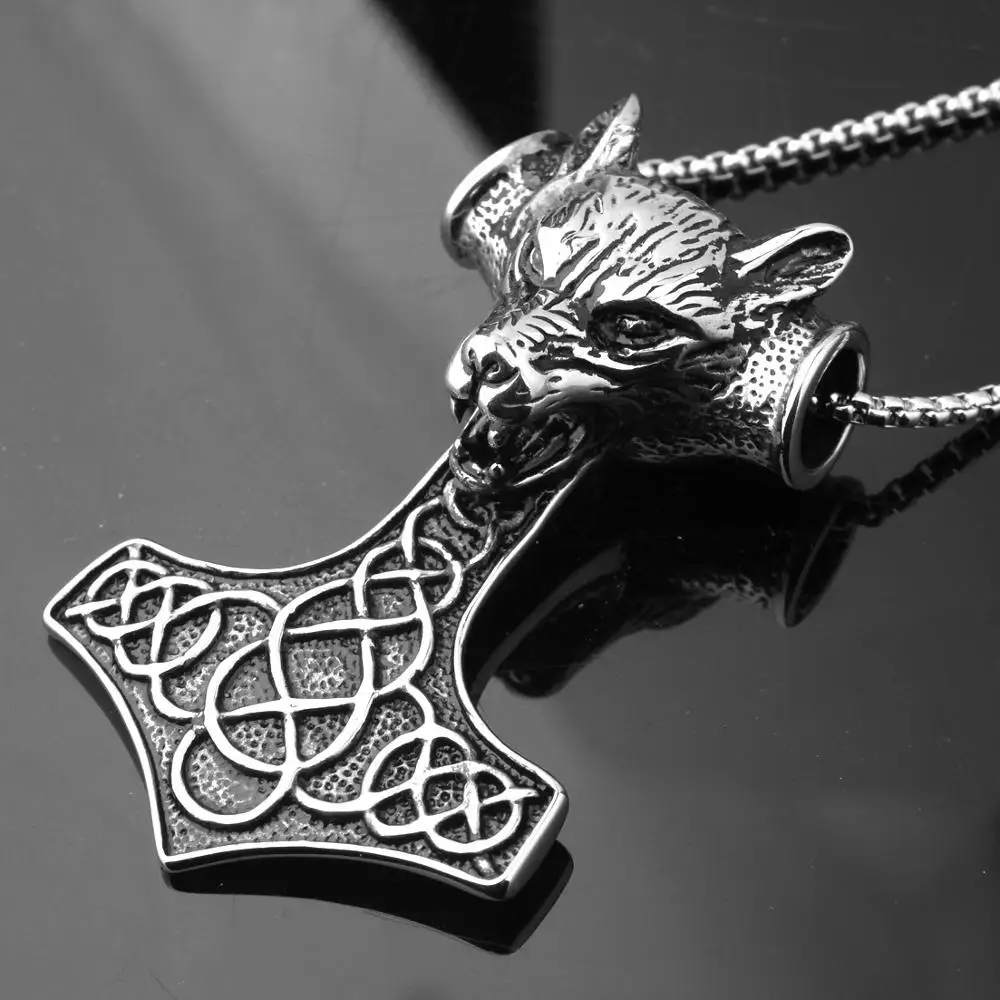 Gothic Men Jewelry Stainless Steel Huge Wolf Head Thor Hammer Mjolnir Pendant Necklace 24inch