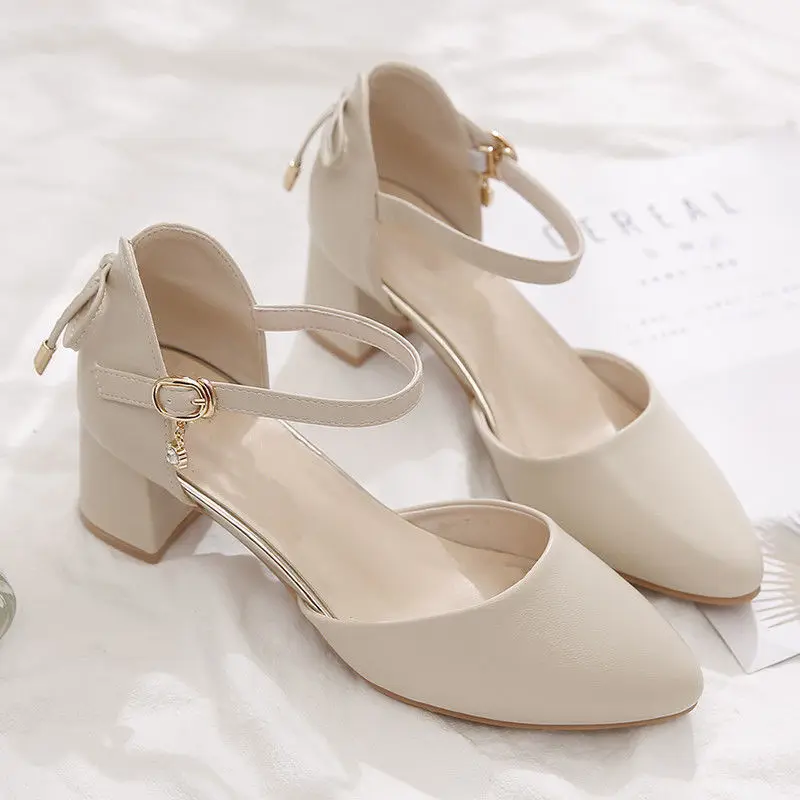 Bowtie High Heels Woman Pointed toe Single Shoes Women Pumps Ankle Strap Sandals Block Heel Footware for Office Lady Beige