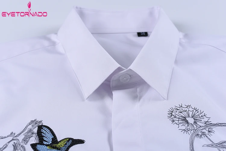 Flower and Bird Embroidered Shirts Men Long Sleeve Wedding Party Groom Dress Shirt White Gentlemen Streetwear Men Shirts 4XL