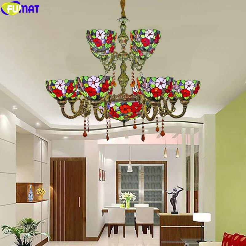 FUMAT Tiffany Multi Heads Double Layer 8+4 Chandeliers Lamps Stained Glass Colorful American European Mediterranean Nordic Style