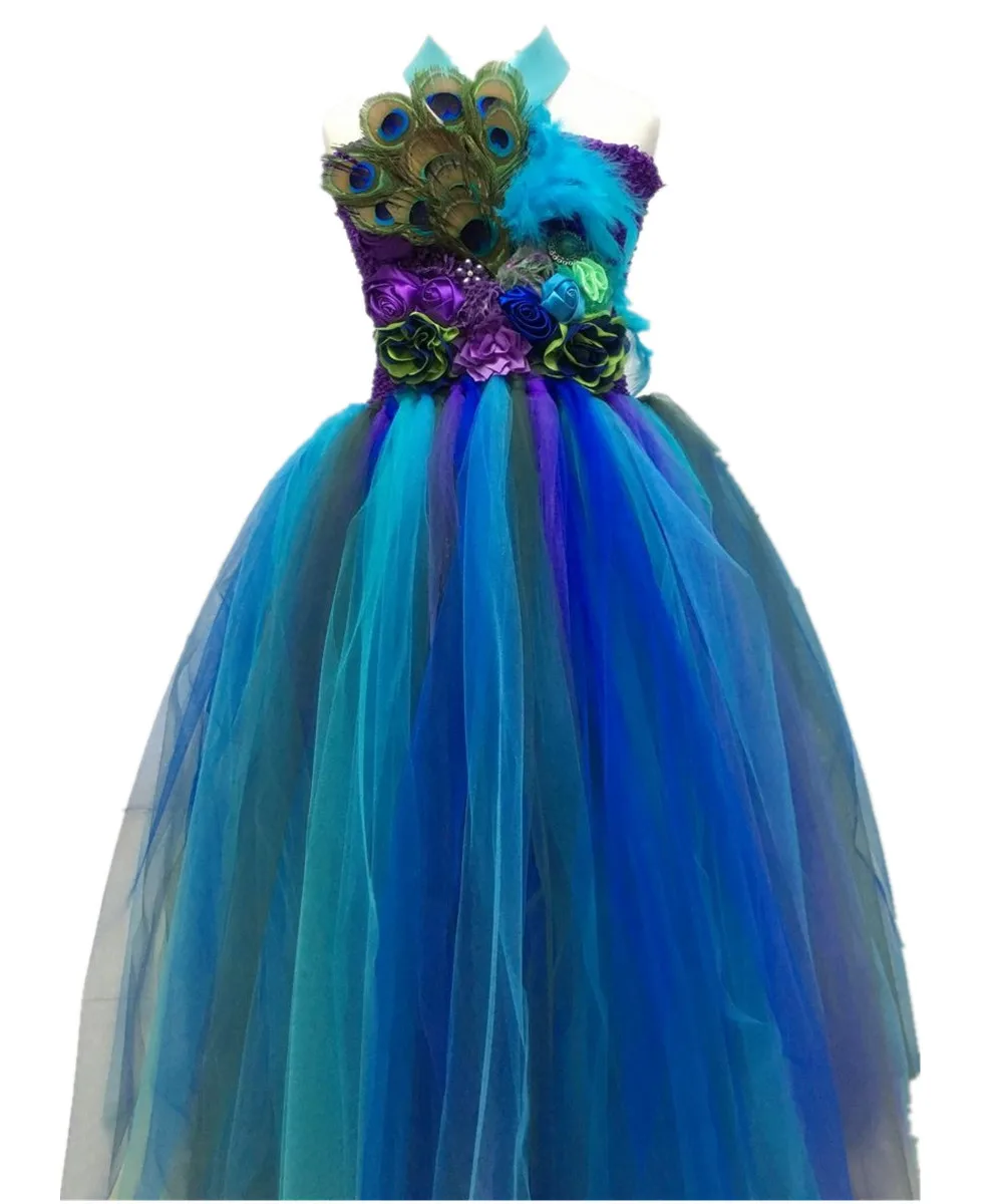 Elegant Peacock Costume for Girls Princess Dress Kids Ankle Length Sleeveless Party Dress Christmas Halloween Cosplay Tutu Dress