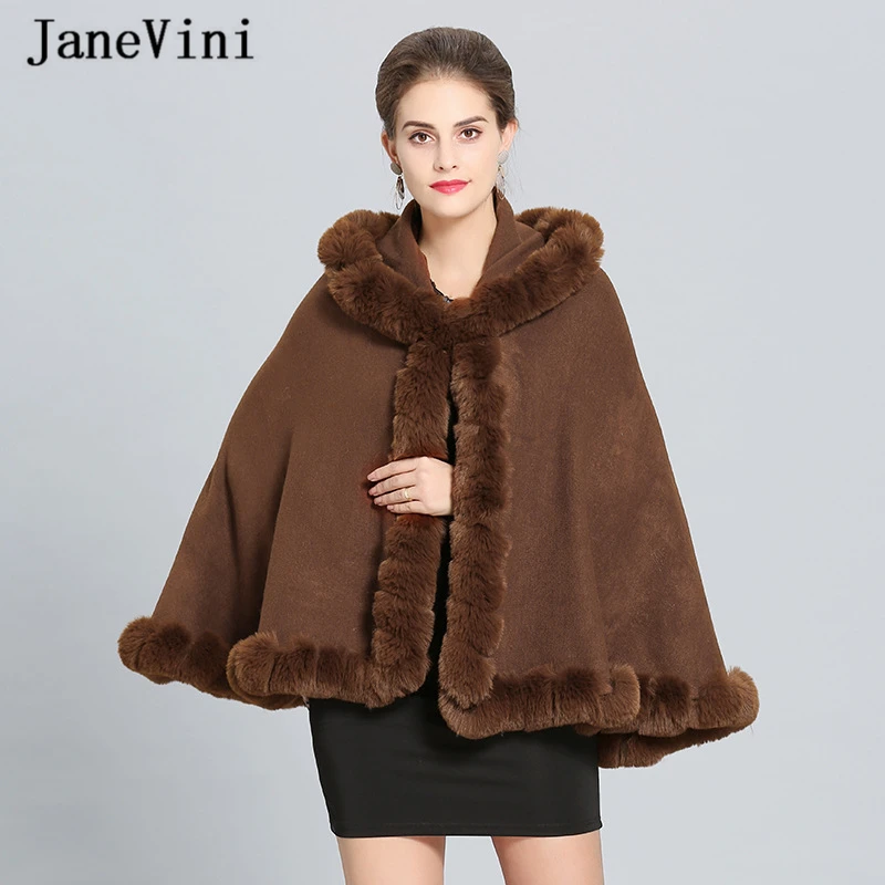 

JaneVini Elegant Brown Hooded Bridal Cape Wedding Shawls Wraps New Ladies Winter Warm Cloak Brides Shoulder Bolero Veste Mariage