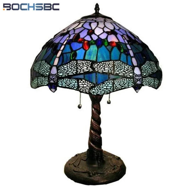 BOCHSBC Tiffany 2020 New Style Blue Dragonfly Stained Glass Tabel Lamp Fixture Handcraft Art Decor Classical lights