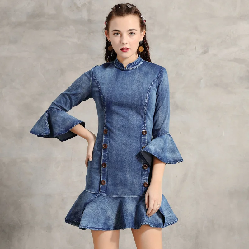 

Free Shipping 2022 New Fashion Vintage Women Short Mini Half Sleeve Ruffles Denim Cotton S-L Dresses Slim Dress Buttons Summer