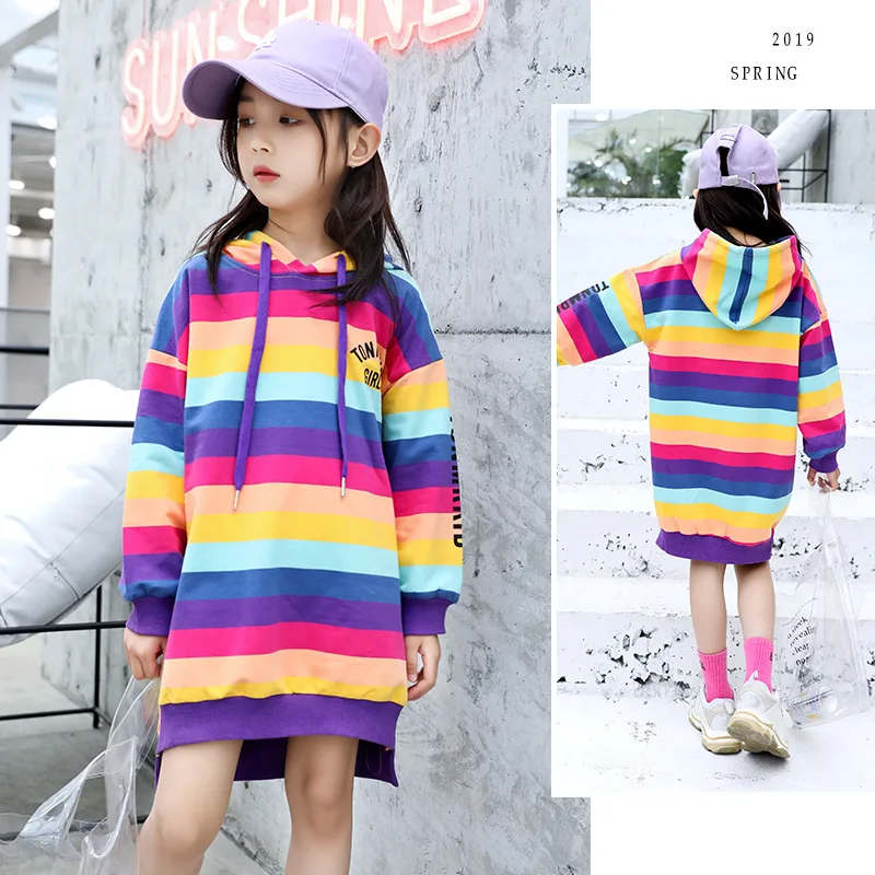 Teen Kids Sweatshirt 2023 Spring Rainbow Striped Hoodie Casual Sweatshirt for Girls Tops 12 Years Kids Outfits Children Clothes