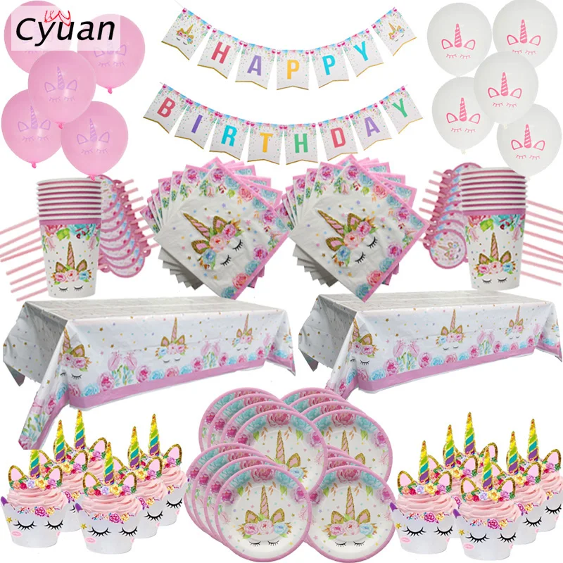 Cyuan Einhorn Party Decor Einhorn Geburtstag Papier Platte Tasse Hintergrund Pompoms Kuchen Topper Kinder Glücklich Geburtstag Partei Liefert