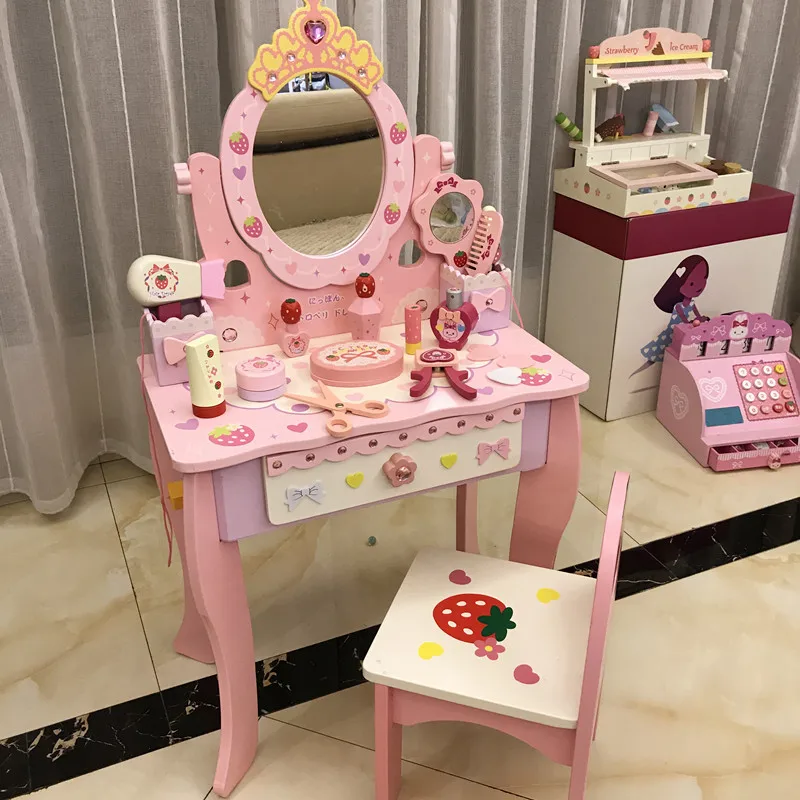 Simulação infantil Penteadeira de madeira, brinquedos para meninas, jogar maquiagem, mesa de cosméticos, casa de jogos, presente para crianças, novo