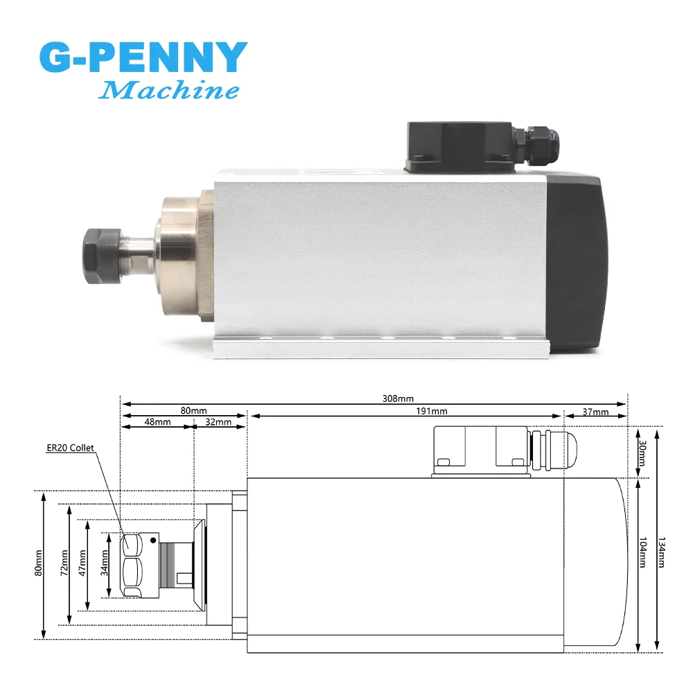 G-Penny 3.5kw ER20 Air Cooled Spindle Motor With Flange 4pcs Bearings 0.01mm Accuracy 220v/380v Wood Working Spindle AIr Cooling