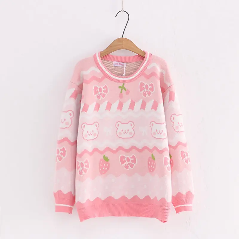 Harajuku Cute Women Knitted Sweater Soft Girls Kawaii Tops Bear Strawberry Print Anime Pullover Japanese Lolita Pink Cozy Jumper