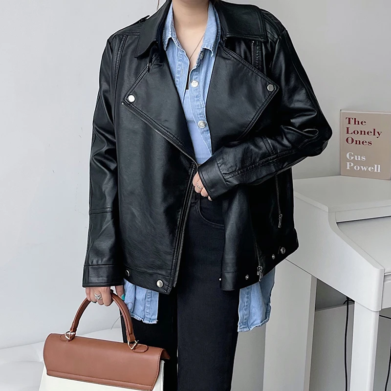 Spring Autumn 2024 Black Soft Faux Leather Jacket Loose Casual Lapel Long-sleeve Motorcycle Biker Jacket Abrigo Mujer Streetwear