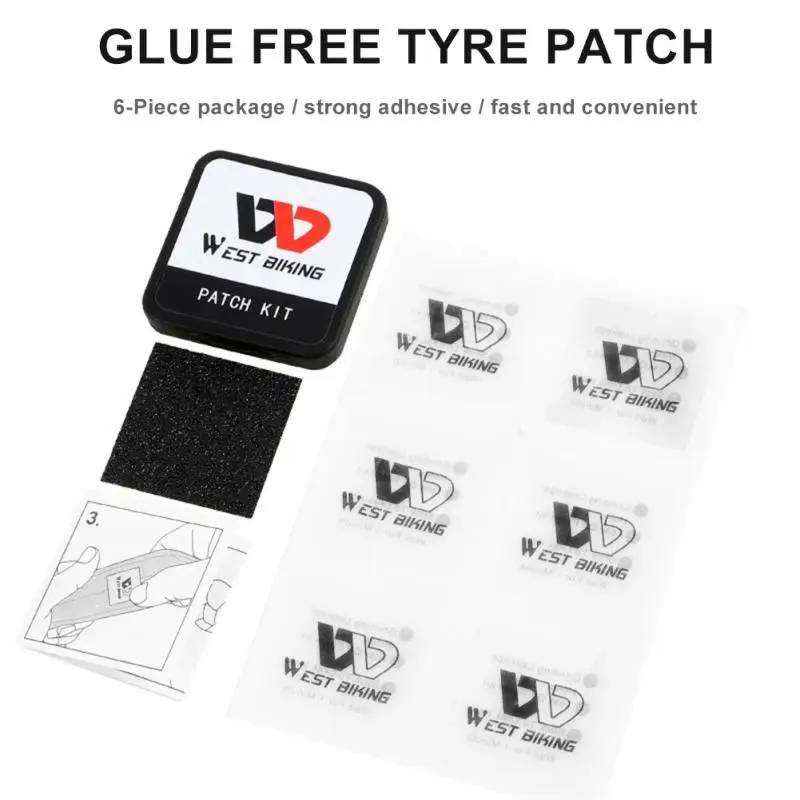 West Biking 6 Piece Bicycle Puncture Repair Patch Bicycle Glue-Free Tire Patch Cycling Repair Tool Outdoor Emergency Cycling