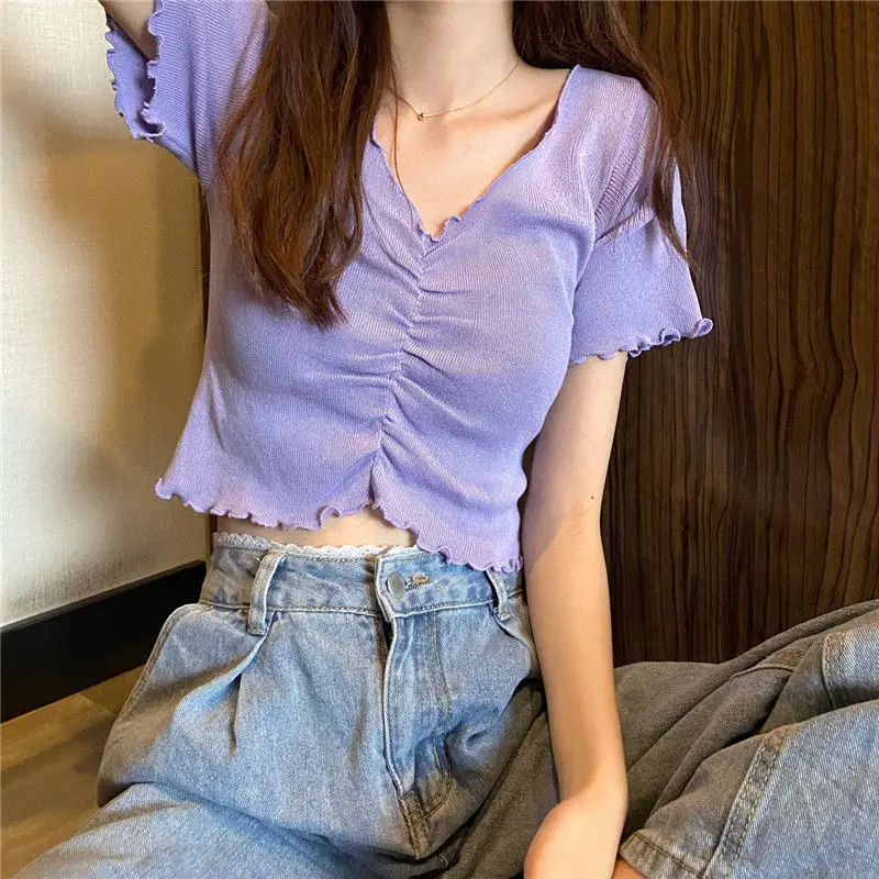 Woman TShirts Crop Top White V-Collar Short-Sleeved T-shirt for Women 2024 Short Summer Top Mujer Camisetas