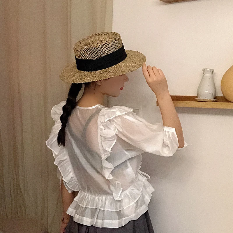 2021 New Handmade Straw Beach Hat For Women Summer hat Panama Cap Fashion Concave Flat Sun Protection Visor Hats Wholesale