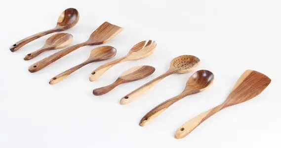 10 Kitchen Utensils with Wooden Long Handle Fried Vegetable Pot, Teak Scoop and Teak Tablespoon