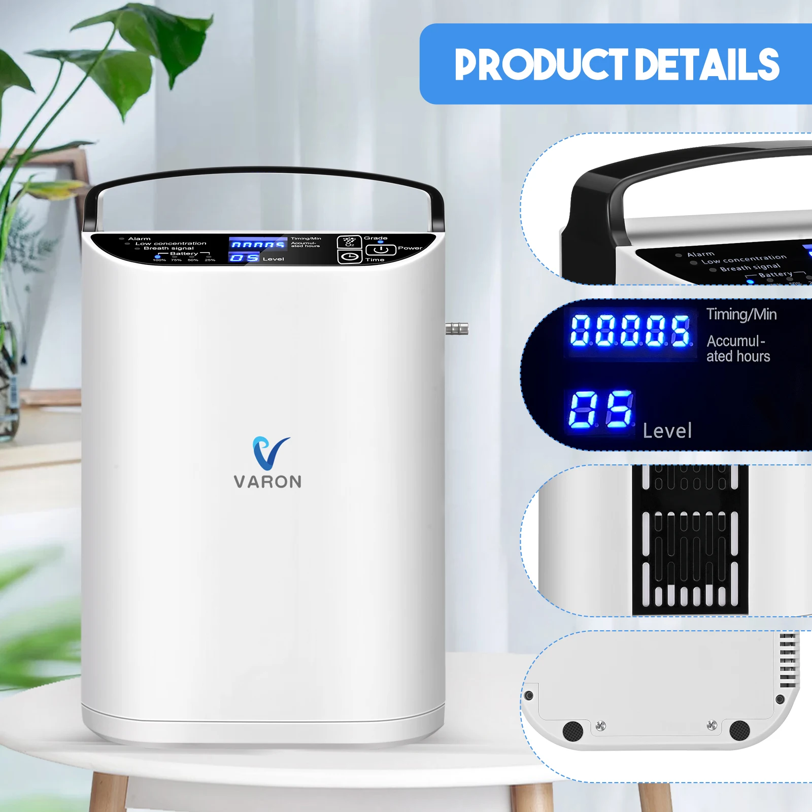 VARON Portable 5L Oxygen Machine Pulse Flow Oxygen Concentrator For Medical Home Use And Travel Outdoor Care With Battery Use