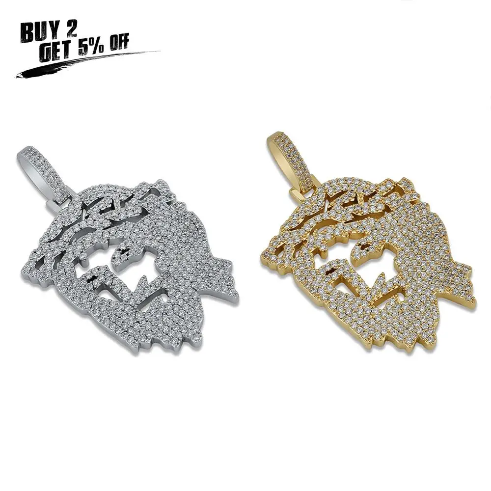 JINAO Solid Gold Silver Color Iced Out Chain Cubic Zircon Religious Ghost Jesus Head Pendant Necklace Men Hip Hop Bling Jewelry