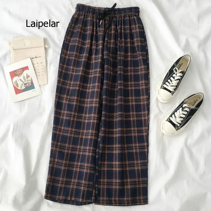 Casual Pants Women Elastic Waist Plaid Wide Leg Trousers Women Students Simple Chic Trendy Office Lady All-Match New