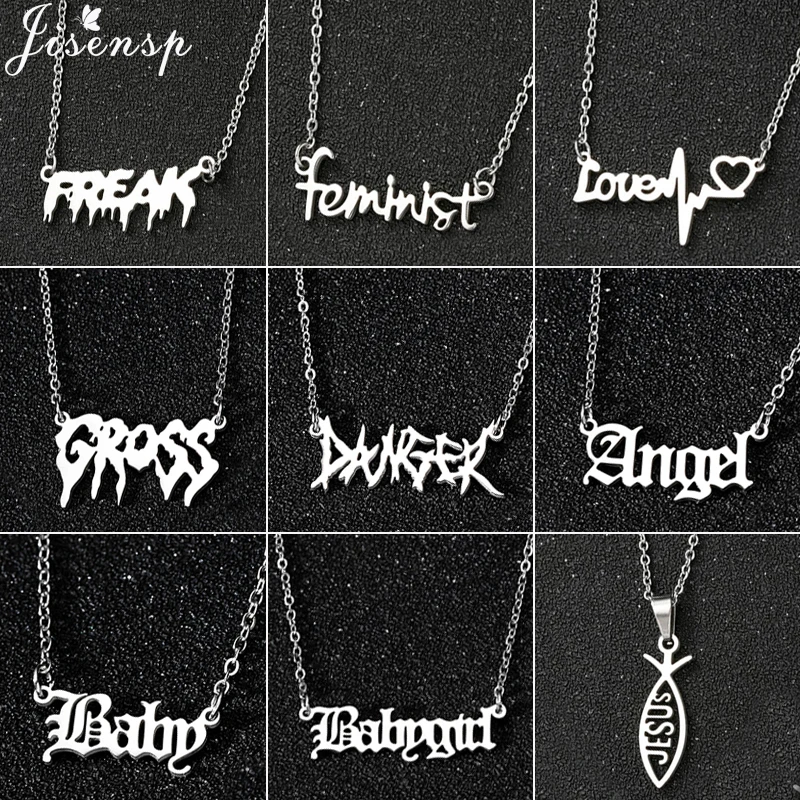 Punk Irregular Words Pendant Necklace Hip Hop Stainless Steel Freak Jesus Gross Babygirl Prince Letter Necklace Harajuku Jewelry