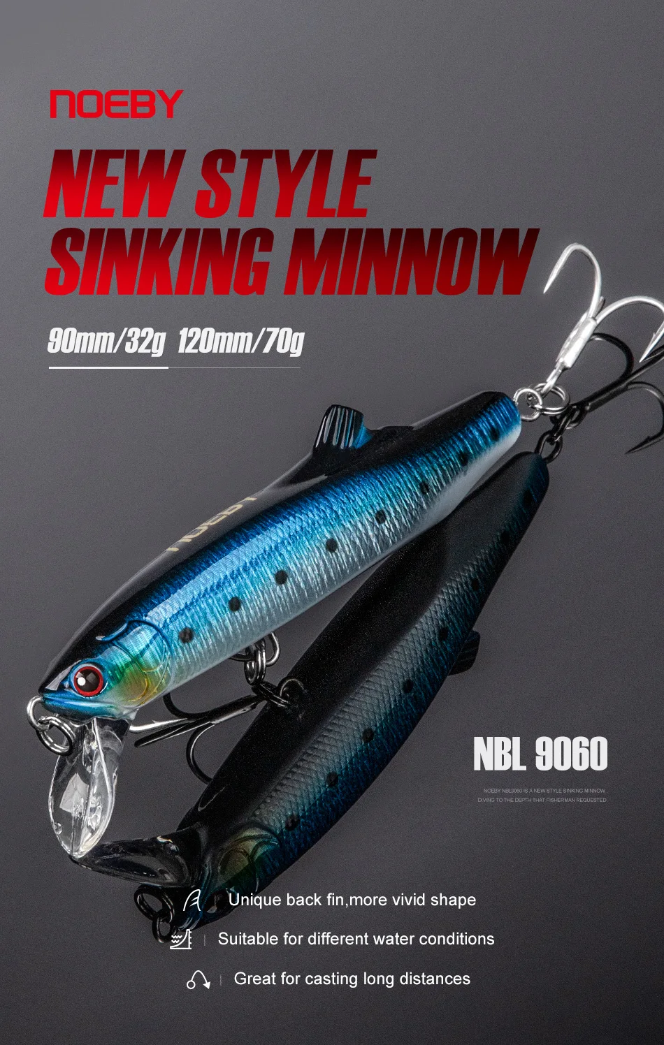 NOEBY Sinking Minnow Angelköder 90 mm 32 g 120 mm 70 g Long Casting Wobbler Kunstköder für Wolfsbarsch Salzwasser-Angelköder – Detail 2