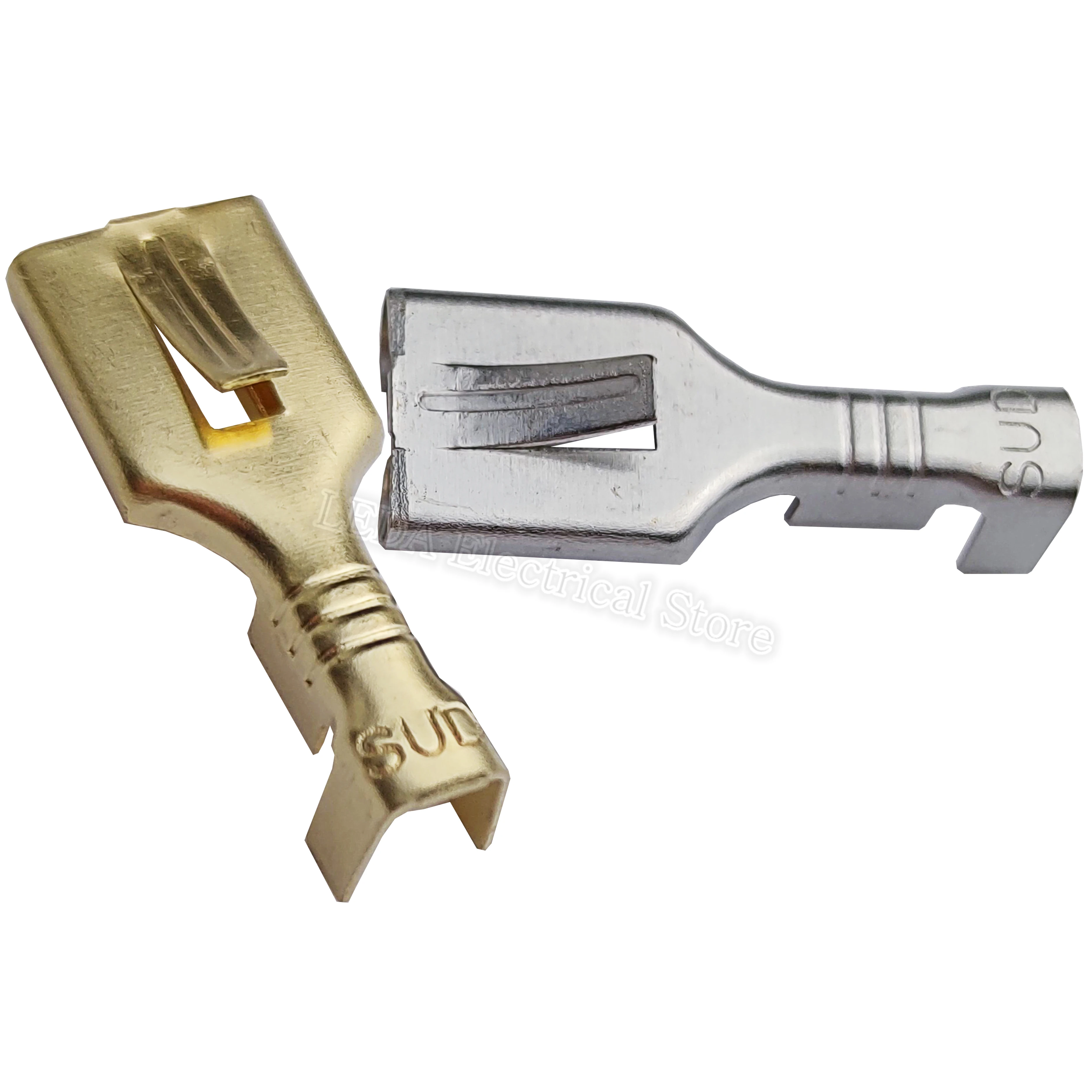 100Pcs DJ623-E6.3B Type 250 Cold Pressed Brass 6.3mm Spring Flat Plate Barbed Plug Terminal Connector