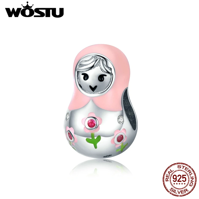 WOSTU Lovely Russian Doll Girls Beads 925 Sterling Silver Fit Original Bracelet Pendant Pink Enamel Charms S925 Jewelry FIC1435