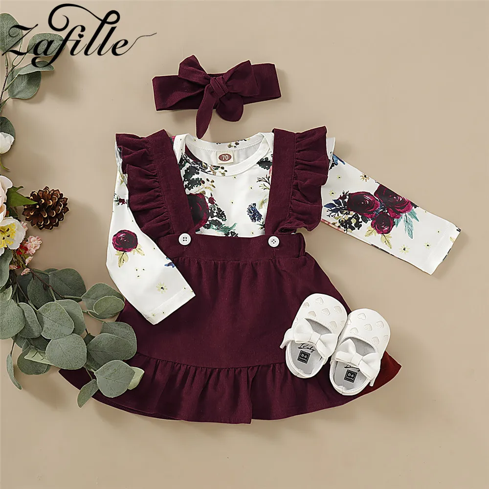 ZAFILLE Winter Baby Romper Set For Newborns Girl Clothes Floral Bodysuit+Suspender Skirts+Headband Baby Suits Outfits Kids Dress