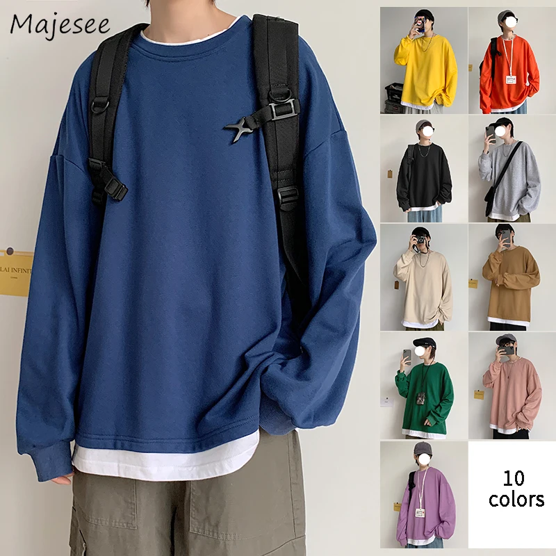 Long Sleeve T-shirts Men Fake 2-piece Patchwork 10-colors Ins Leisur Oversize Teens Tops Spring-autumn Korean Style Fashion Chic