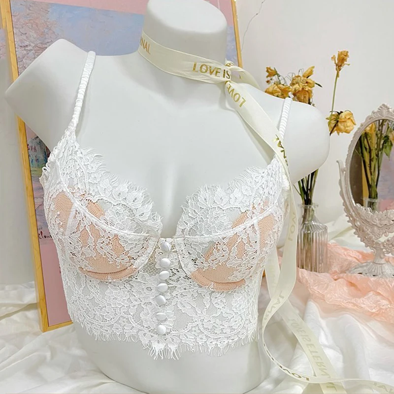 Fashion White Underwear Top Sexy Eyelash Lace Bra Ultra-Thin Padded Underwire Push Up Bras For Women Embroidery Female Lingerie