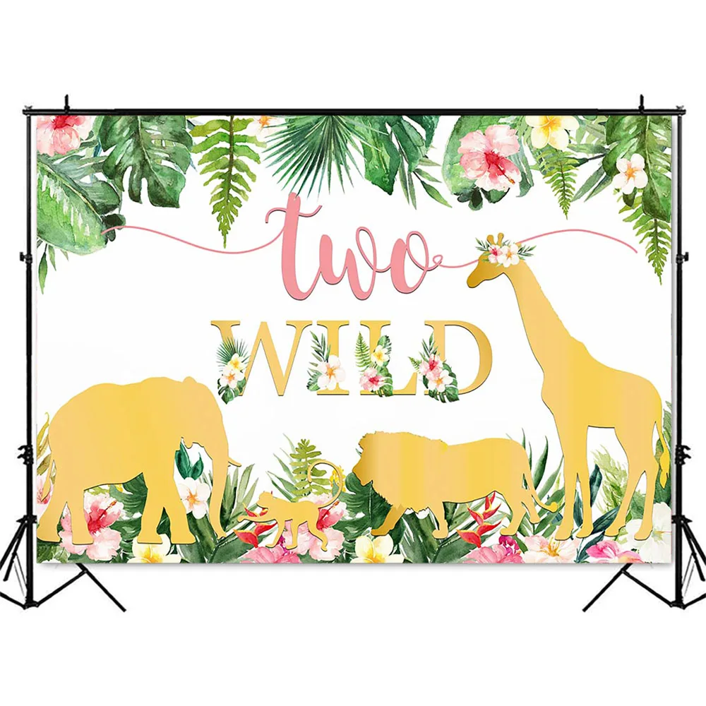 หญิง2nd วันเกิด2ป่าซาฟารีป่าพื้นหลังสีเขียวใบวินาที Birtdhay ภาพพื้นหลัง Photocall Props