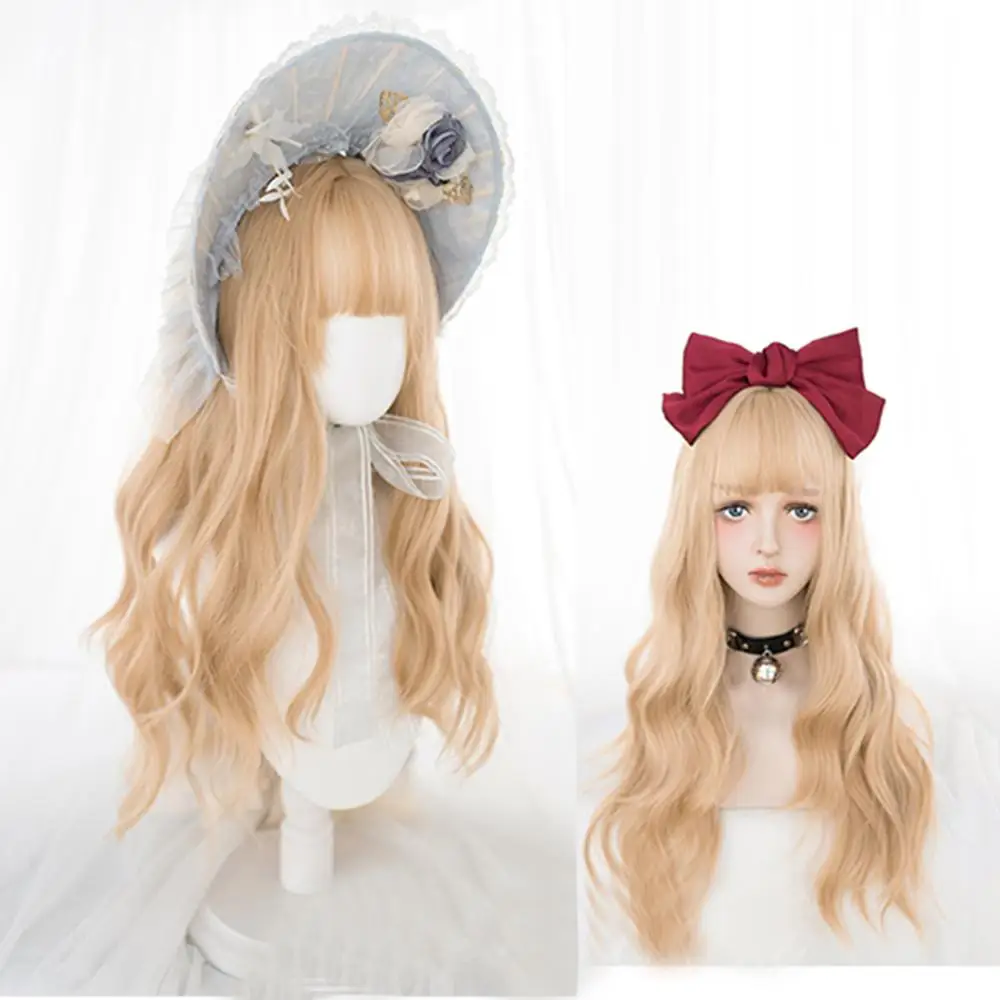 CosplayMix – perruque Lolita synthétique 68CM, cheveux longs ondulés japonais résistants à la chaleur, frange + bonnet pour fête