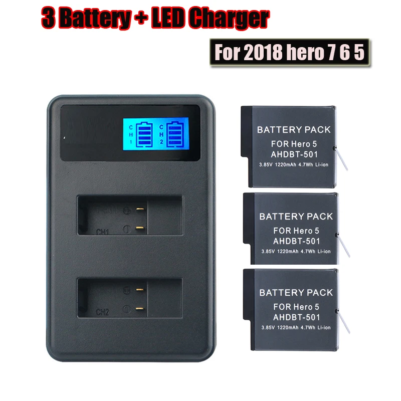 3pes AHDBT-501 Battery Kits with LCD intelligent Charger for GoPro Hero 8 7 6 Go Pro 5 Black Sports Action Camera Accessories
