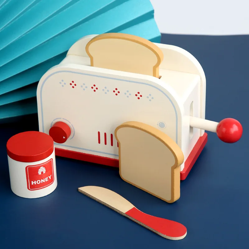 Houten Keuken Pretend Play Set Speelgoed Voor Kinderen Simulatie Ontbijt Koken Machine Blender Fast Food Brood Pizza Koffie Machine