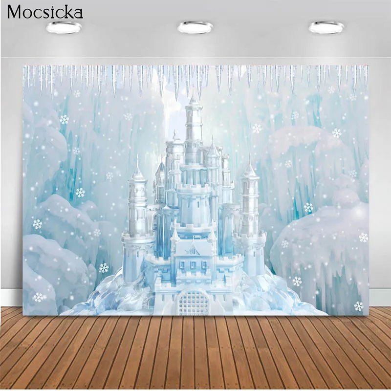 Mocsicka 베이비 샤워 배경 겨울 얼음과 눈의 성 장식 스타일 신생아 사진 배경 사진 스튜디오