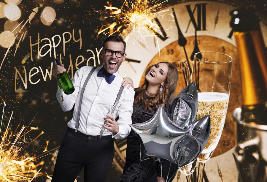 Laeacco-كؤوس البيرة ، خلفية ليلة رأس السنة الجديدة السعيدة ، الألعاب النارية ، ساعة منقطة ، ديكور الحفلات ، خلفية الصورة لاستوديو الصور