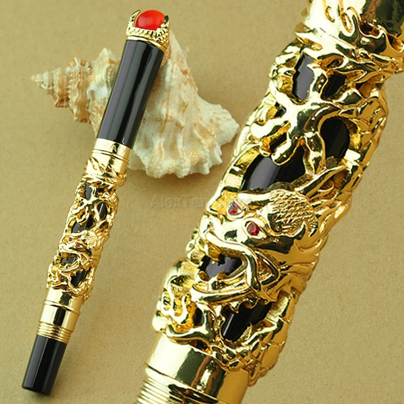 

Jinhao Writing Gadget Dragon King 18KGP M Nib Fountain Pen Metal Embossing Red Jewelry on Top, Golden Drawing Refillable Ink Pen