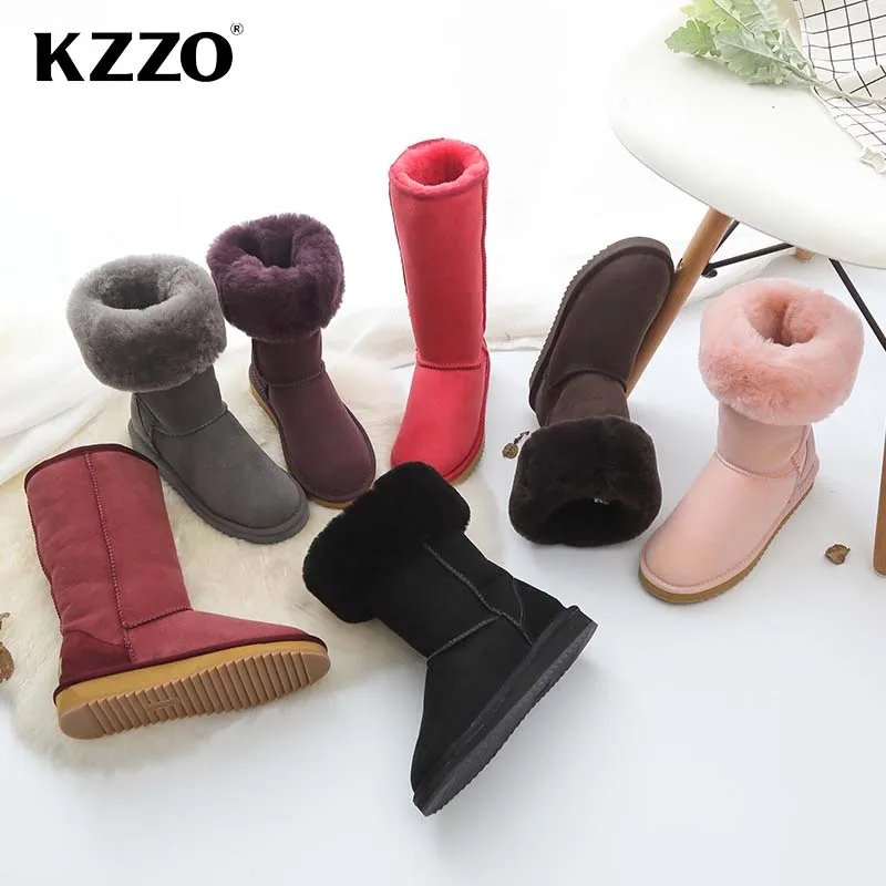 KZZO Real Sheepskin Suede Leather Women\'s High Snow Boots Natural Fur Wool Lined Winter Warm Casual Shoes Non-slip Comfortable