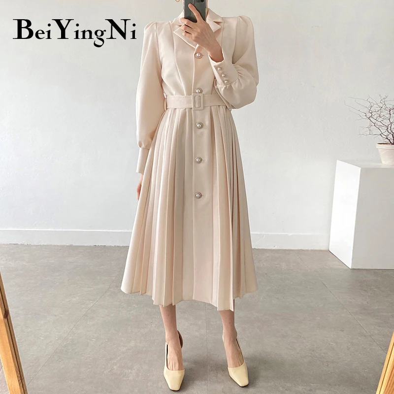 Beiyingni Herbst Anzug Kleid Frauen Casual Tasten Gürtel Plissee Damen Solide Voll Langarm Weibliche Kleid CHIC Elegante Vestido