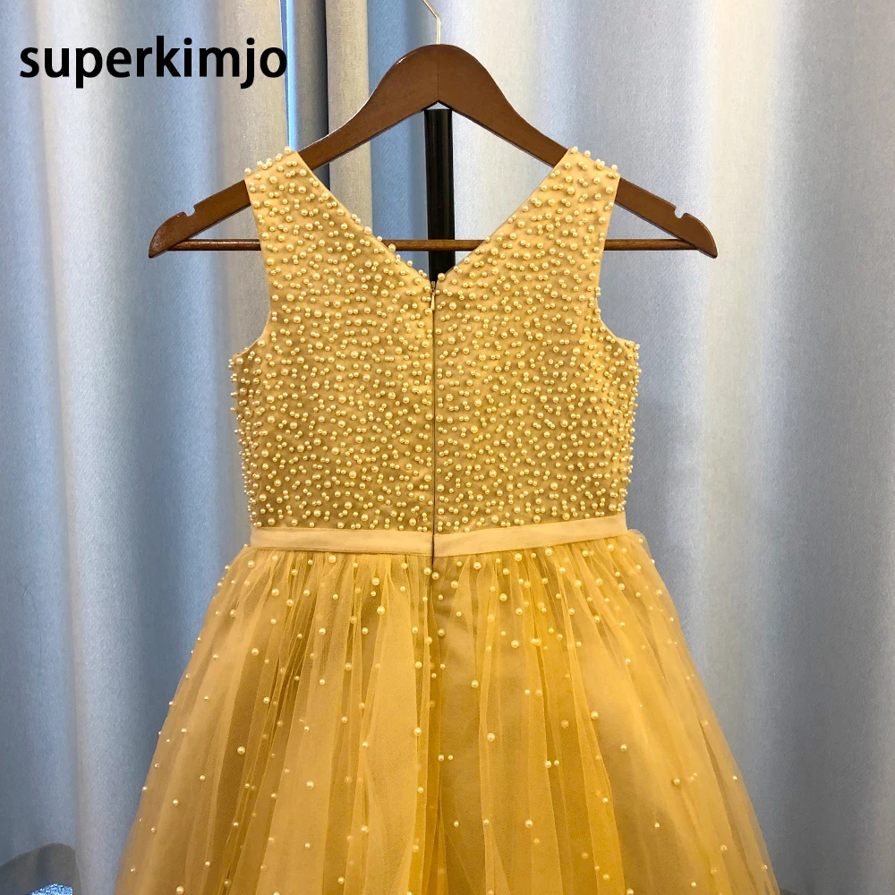 Parels Little Flower Girls Jurken Een Lijn Champagne Parels Een Line Tulle Lange Real Picture Meisjes Party Dress Prom jurk