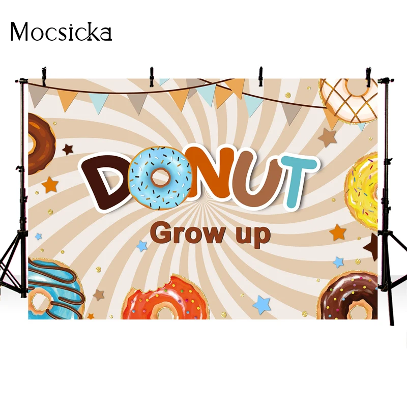 Mocsicka Donuts Theme Birthday Backdrop Bunting Stripe Decoration Photo Background Grow Up Baby Shower Photography Background