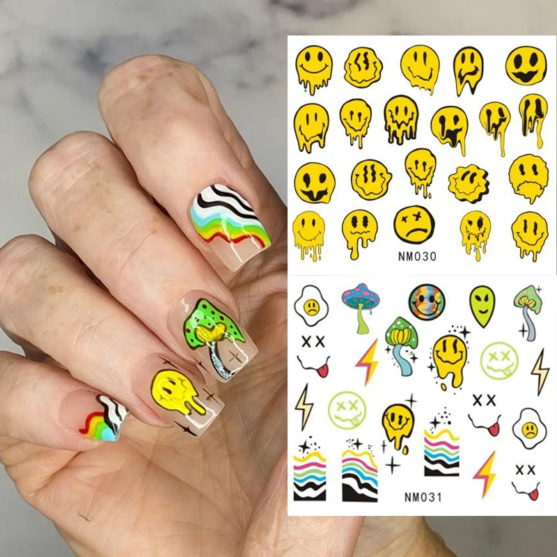 12patterns Yellow Smile Face Water Slider Rainbow Mushroom Transfer Decals Trippy Face Nail Art  Sticker Slider Eyes Design