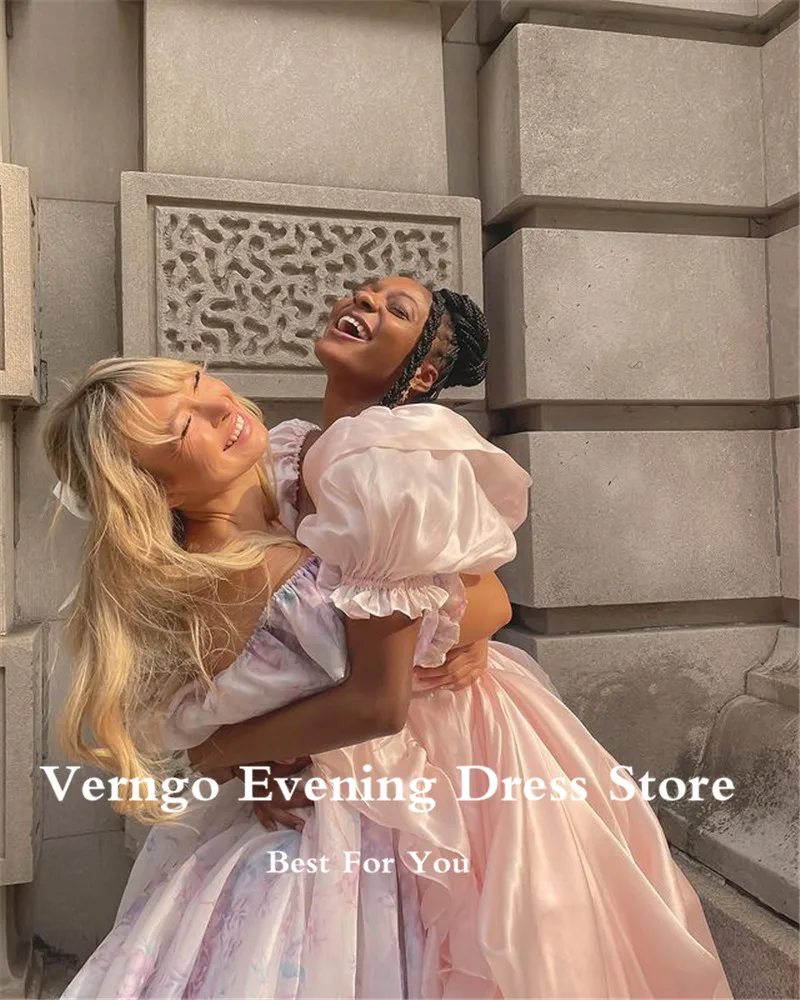 Verngo 2021 Princess Printed Silk Satin A Line Prom Dresses Short Puff Sleeves Sweetheart Slit Ruffles Long Evening Gown