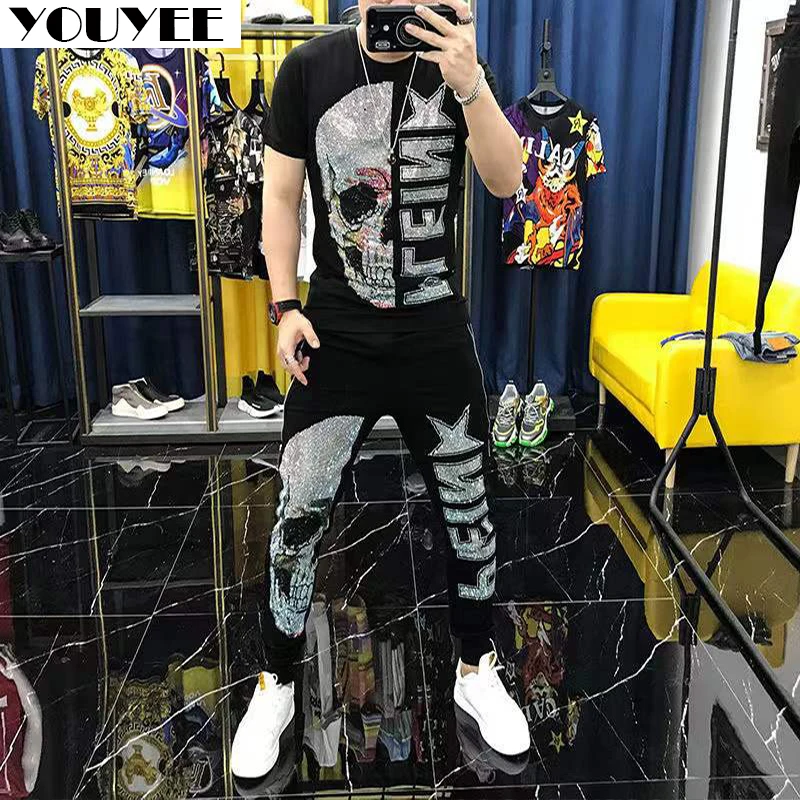 Men\'s Skull Diamond Trousers Fashion Handsome Leisure Male Casual Pants Heavy Process Hip-Hop Streewear Black Sportpant Clothes