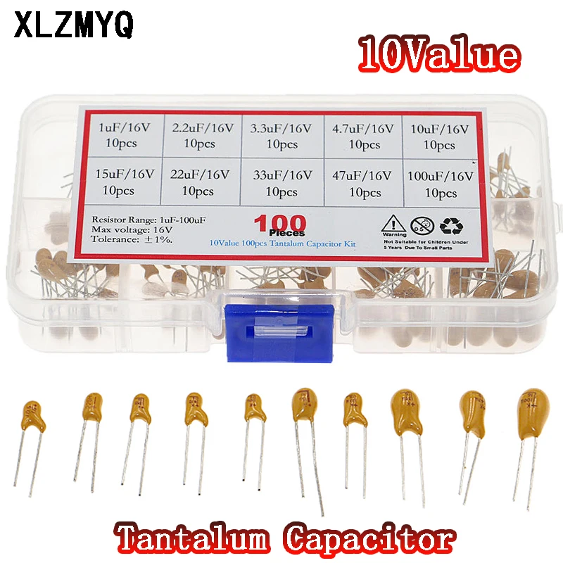 100Pcs 16V Tantalum Capacitor Assorted Kit Box 1uF 	2.2uF 3.3uF 4.7uF 10uF 22uF 33uF 47uF 100uF Capacitors Assorstment Set