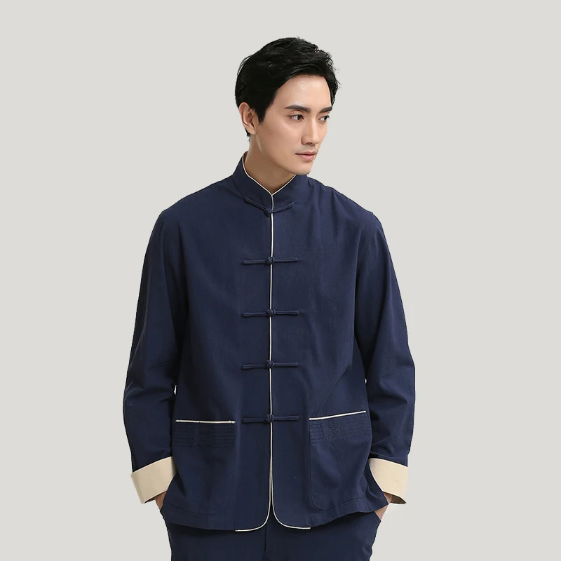 

Jacket Solid Chinese Conventional Style Long Sleeve Men's Mandarin Collar Cotton Linen Kung Fu Coat chaquetas hombre