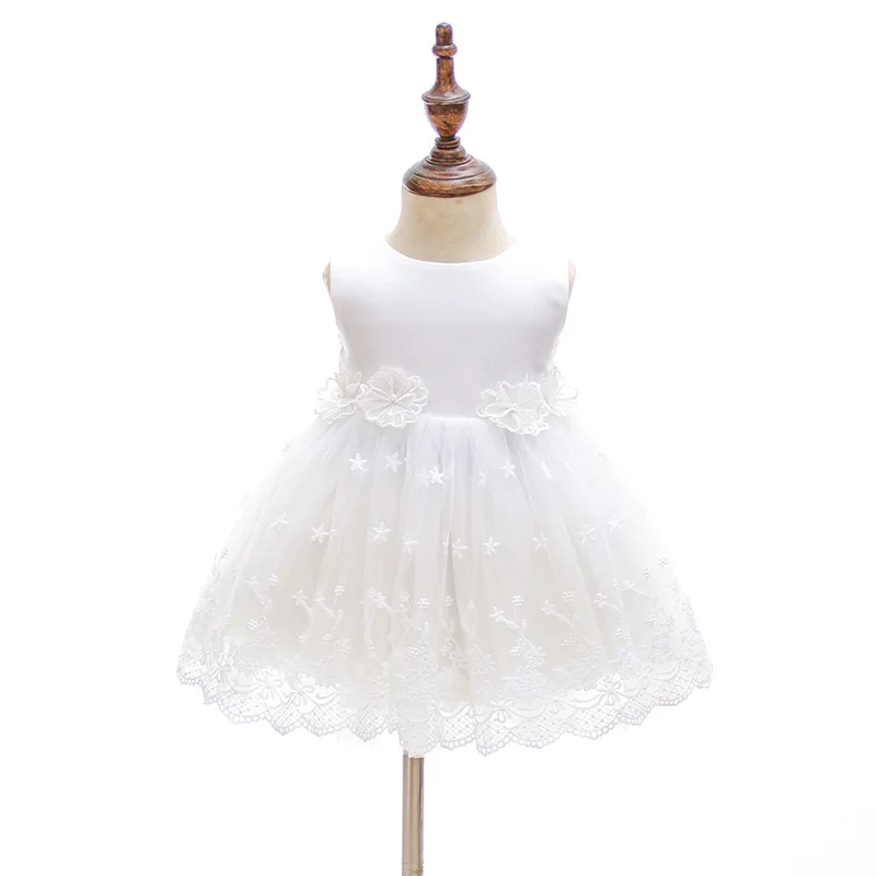 HETISO White Baby Dresses with Hat Lace Flower 1 Year old Birthday Christening Dress Princess Toddler Girl Clothes roupa de bebe